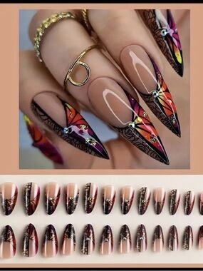 24 pcs Almond Nude & Multicolor Butterfly press on nails